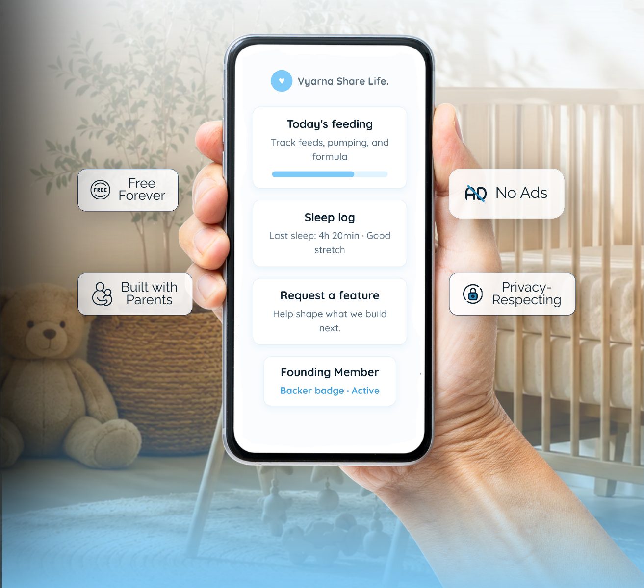 A parent holding a phone showing the Vyarna app in a nursery